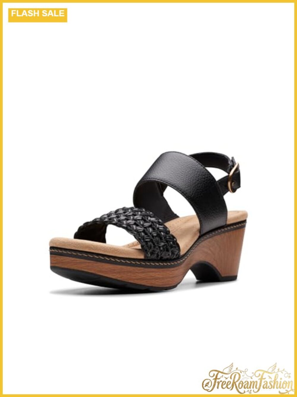 Clarks Seannah Step Black Leather Platform Wedge Sandals Comfort